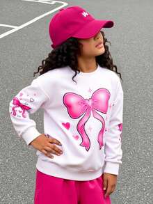 Girls' Minimalist Fashion Bow Embroidered V-Neck Pullover Sweatshirt With Matching Side Stripe Straight Leg Pants Set, Casual Autumn/Winter Outfit - Hot Pink - View 7