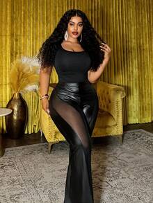 Slaydiva 2025 Autumn/Winter New Elegant & Party & Streetwear & Casual & Date & Music Festival & Y2K Sexy Fitted Solid Black Sheer Mesh Patchwork Flare Pants, Plus Size - G