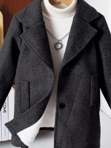 SHEIN 男童纯色翻领长袖纽扣前襟时尚百搭外套