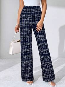 SHEIN PETITE CURVE Quần dệt kim co giãn họa tiết kẻ caro thanh lịch cỡ lớn dành cho nữ, phù hợp với nhiều dịp khác nhau - Màu xanh hải quân - Xem 6
