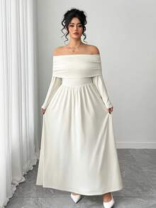 Elenzga Plus Size Women's Off-Shoulder Long Sleeve A-Line Dress, Elegant Artistic Formal Gown, Romantic Vacation Dress
