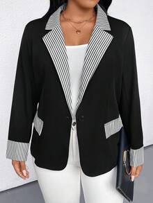 SHEIN LUNE 大码女式拼接条纹翻领长袖休闲西装外套，秋季 - 黑色 - 查看 3