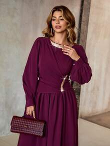 Roveilla Plus Size Women Long Sleeve Chiffon Round Neck Waist Cinched Flared Hem Sequin Ribbon Mesh Overlay Dress, Party - Red Violet - View 5