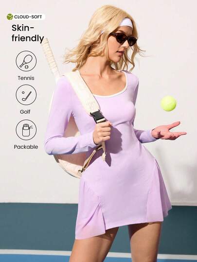 CourtClass Vestido corto de manga larga y cuello redondo casual y deportivo para mujer