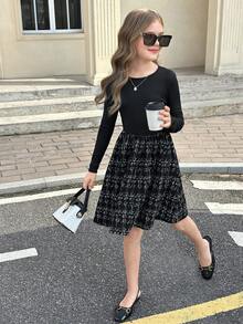 SHEIN Tween Girls Black Elegant Dress With Plaid Skirt For Winter Tween Girl Corduroy Puff Sleeve Button Ruffle Hem Dress & Retro Beret Set, Casual Outfit For Home, Outdoor, School Wear, Autumn/Winter - Brown - View 4