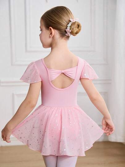 SHEIN 少女无袖芭蕾连体衣，柔软网眼拼接蝴蝶结设计，闪亮星星网眼拼接，舒适弹力，适合舞蹈、瑜伽