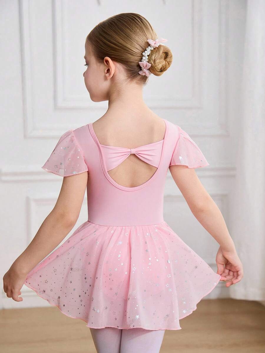 SHEIN Bộ đồ liền thân múa ba lê không tay cho bé gái, thiết kế nơ lưới mềm mại, lưới ngôi sao sáng bóng, co giãn thoải mái, thích hợp để khiêu vũ, yoga - Hồng - Xem 1