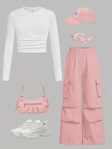 SHEIN Girlism 2pcs Tween Girl Ribbed Ruched Long Sleeve T-Shirt And Cargo Pants Casual Set - Pink - View 1