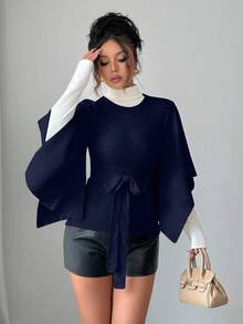 Elenzga Women's Stylish Solid Color Design Sweater, Suitable For Work, Autumn/Winter - Navy Blue - View 5