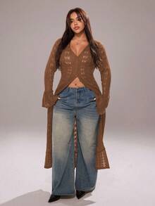 Rustia Áo khoác cardigan dài thường ngày, áo len cardigan khoét lỗ, áo khoác cardigan dài tay chuông, mùa tựu trường - màu nâu - Xem 5