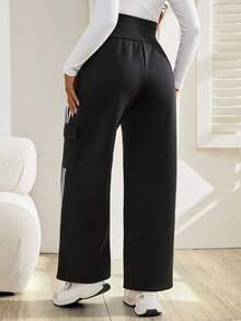 SHEIN Solid Color Maternity Pants With Pockets And Drawstring, Casual Striped Waistband Long Sleeve Sweatpants