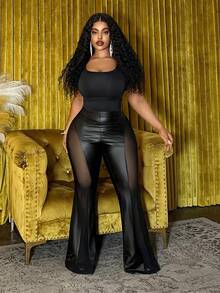 Slaydiva 2025 Autumn/Winter New Elegant & Party & Streetwear & Casual & Date & Music Festival & Y2K Sexy Fitted Solid Black Sheer Mesh Patchwork Flare Pants, Plus Size - G