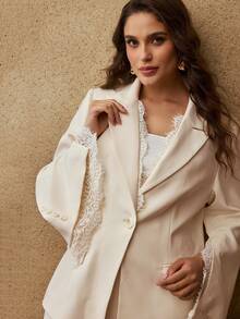 MOTF PREMIUM PLUS SIZE 2 PIECES LACE PATCHWORK SUIT SET, BEIGE FALL - Beige - View 6