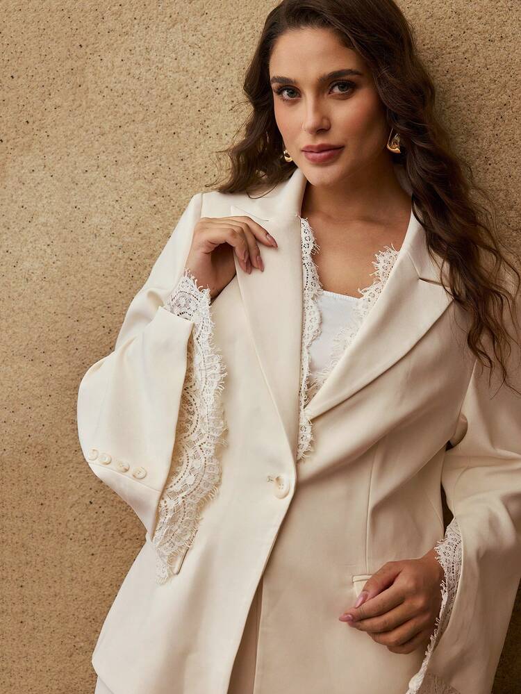 PLUS SIZE 2 PIECES LACE PATCHWORK SUIT SET, BEIGE