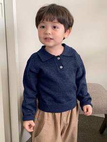 DAZY 幼儿男童休闲纯色翻领长袖毛衣，春秋季 - 藏蓝色 - 查看 3