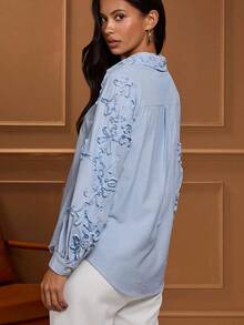 Lilora Women's Casual Commuter 3D Floral Long Sleeve Shirt Women Light Blue Top Long Sleeve Top Blue And White Striped Shirt Stripes Shirt Baby Blue Top Women Blue And White Shirt Women Blouses And Shirts Winter Clothes For Women - Blue - View 2