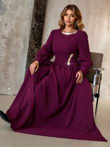 Roveilla Plus Size Women Long Sleeve Chiffon Round Neck Waist Cinched Flared Hem Sequin Ribbon Mesh Overlay Dress, Party - Red Violet - View 8