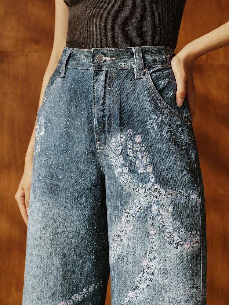 Fashionable Commuter Faux Rhinestone Print Bow Flare Leg Jeans