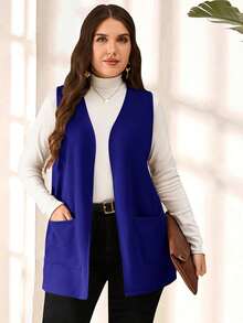 EMERY ROSE Chaqueta casual suelta de unicolor sin mangas con bolsillo, talla grande, para primavera/verano, vacaciones, uso diario/invierno - azul real - Ver 1