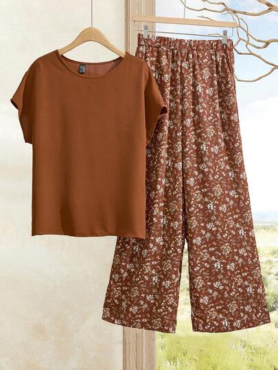 Rusticease Set de 2 piezas con blusa de cuello redondo de manga corta casual y pantalón recto con estampado floral para mujer, primavera/verano