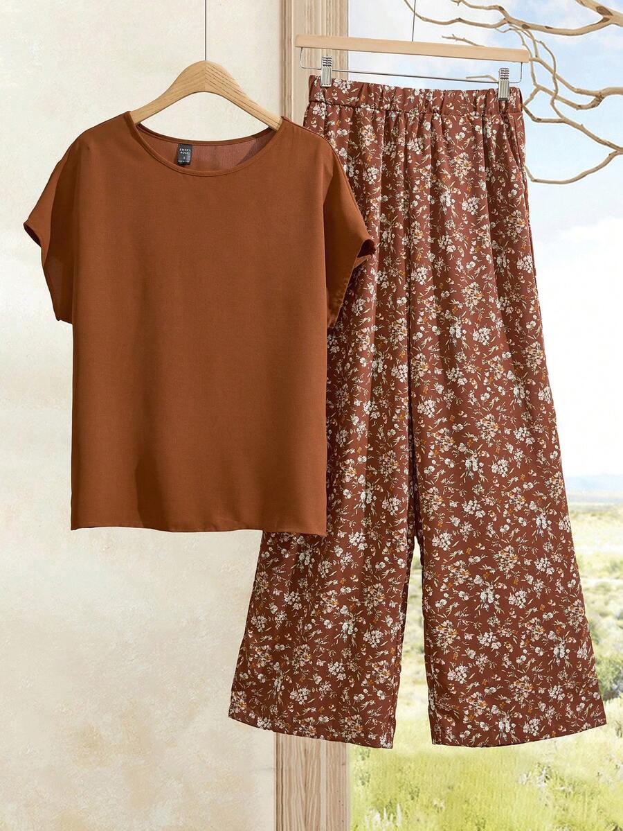 Rusticease Set de 2 piezas con blusa de cuello redondo de manga corta casual y pantalón recto con estampado floral para mujer, primavera/verano