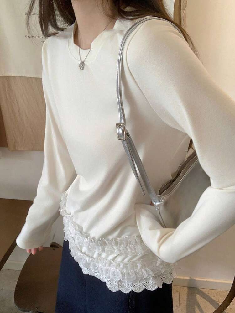 Women's Casual Versatile Lace Trim Long Sleeve T-Shirt