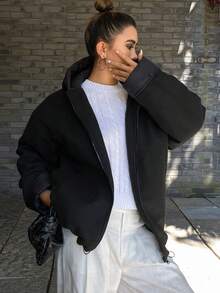 DAZY 女士纯色长袖拉链前开襟休闲宽松连帽冬季外套 - 黑色 - 查看 2
