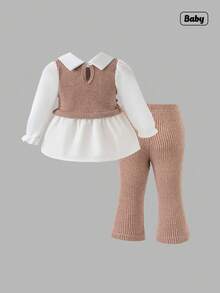 Sweetra Baby Girl Bow Decor Long Sleeve 2 In 1 Top And Flared Pants Cute Outfit, Autumn - Multicolor - View 2