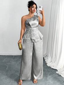 SHEIN Ellevyn Bộ 2 áo crop top không tay họa tiết lá vàng thanh lịch và quần ống rộng cho nữ cỡ lớn - Bạc - Xem 6