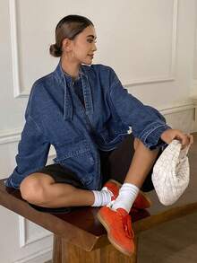 Livesso 女士休闲时尚街头宽松落肩拉链牛仔夹克，带翻盖口袋，秋季 - 藍色 - 查看 6