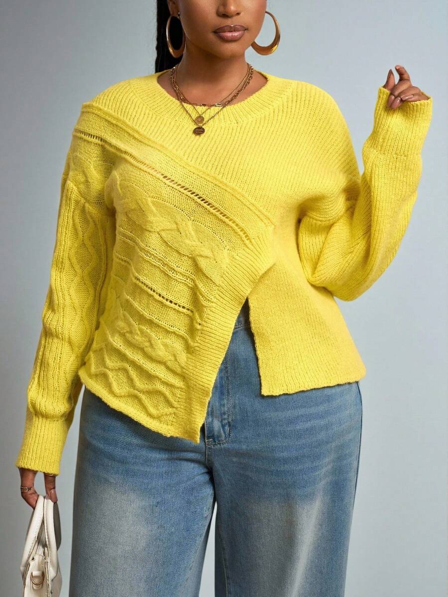 Slaydiva Veslaya 2025 新款学院风不对称开衩长袖圆领纯黄色套头毛衣，大码款式，适合秋冬季日常穿着、街头风、音乐节、派对、机场等场合。 - 黃色 - 查看 1