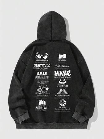 Herren Schwarzer Schneeflocken Washed Hoodie Sweatshirt, Herbst/Winter