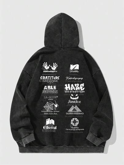 sweat-shirt à capuche noir délavé à motif flocons de neige pour homme, automne/hiver