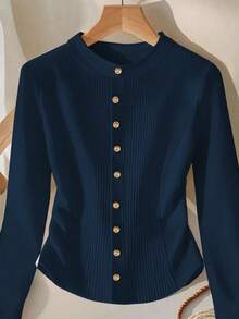 GlowEve 女式圆领长袖前扣罗纹休闲百搭T恤 - 藍色 - 查看 1