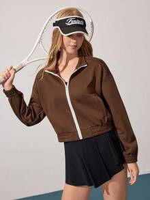 Gameset SHEIN Sport Women's Casual Contrast Color Webbing Sports Jacket Workout Zip Up Jacket Brown Athletic Top - Brown - View 5