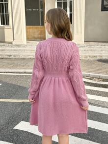 SHEIN Serisse Kids Tween Girl Fashionable Cable Knit Jacquard Crew Neck Casual Waist Cinched Long Sleeve Sweater Dress, Girls Pink Dress,  Girls Knitted Dress, Girls Midi Dress With Sleeves, Long Sleeve Midi Dress, Tween Midi Dress