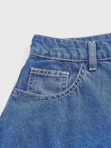 SHEIN MOD Váy mini denim thường ngày viền bèo nhún thắt lưng màu xanh thời trang dành cho nữ, đa năng cho mùa hè - Rửa trung bình - Xem 4