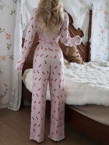 CottageSlumber Damen Gestrickter Jacquard Herz Muster Spitzenbesatz Langarm Top & Hose Pyjama Set, Winterkleidung - Verschiedenfarbig - Übersicht 2