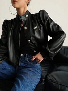 Aidyla 女士PU皮长袖休闲纽扣衫，秋冬季时尚百搭，可搭配常规外套 - 黑色 - 查看 6