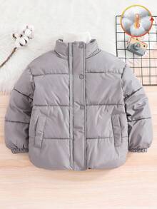 SHEIN Tween Girl Solid Color Long Sleeve Zipper Front Casual Loose Winter Jacket - Light Grey - View 5