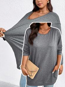 EMERY ROSE Plus Size Casual Solid Color Double Pocket T-Shirt, Versatile For Autumn - Dark Grey - View 4