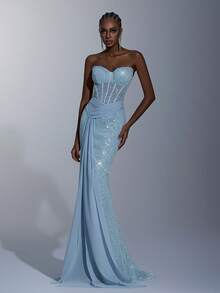 Elitara Elegant, Romantic, Sexy, Minimalist, Greyish Blue, Stretchy Sequin Fabric, Chiffon Patchwork, Pleated Decor, Sequins Decor, Long Sleeve, Front Slit, Fish Tail Hem, Backless Tie, Fashionable, Holiday, Vacation, Birthday Party, Wedding, Formal Dinner Dress