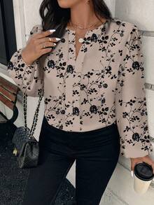 Reflora Plus Size Women Floral Print Crew Neck Long Sleeve Casual Elegant Shirt, Suitable For Spring & Autumn Chic Blouses For Women