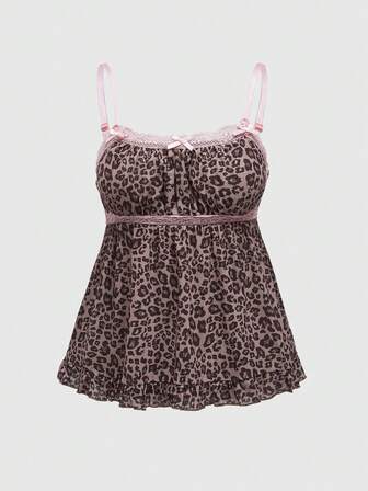 Kawaii Women's Summer Leopard Print Contrast Lace Babydoll Cami Top With Bow Decoration, School