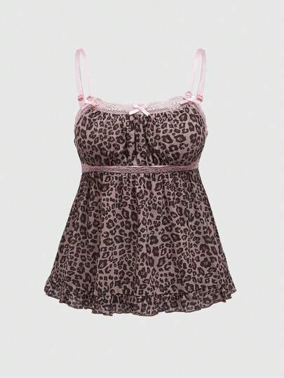 Kawaii Parte superior de camisola de verano para mujer con estampado de leopardo, encaje en contraste y lazo decorativo, para la escuela