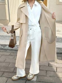 SHEIN Serisse Kids Tween Girl Woven Casual Versatile Fashion Buttoned Collar Belt Bow Pocket Loose Long Windbreaker, Casual Military Style, Commute & Outdoor, Back To School, Mommy And Me Matching Outfits, Girls Spring And Autumn Suit, Girl Coat, - Khaki - View 6