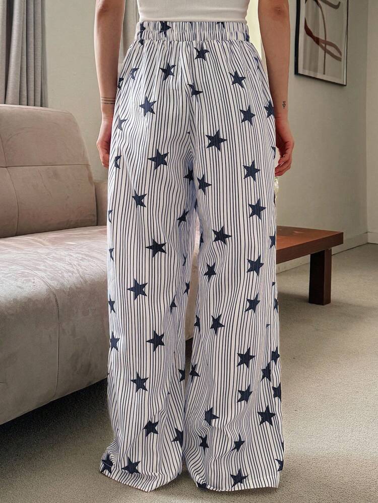 Striped & Star Print Loose Women Pajama Bottoms