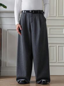 HUEFORM Men's Old Money Solid Color Casual Pants Men Baggy Wide Pants Woolen Fabric: Cold-Proof And Warm, With A Stiff Shape For Men Winter - Black - View 4