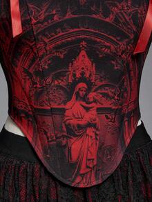 ROMWE Áo hai dây buộc ôm sát cổ thấp phong cách cung điện thời trung cổ Gothic họa tiết nhà thờ và lâu đài màu tương phản - Nhiều màu - Xem 4