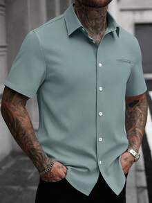 Manfinity Homme 白色男士休闲商务短袖衬衫 - 綠色 - 查看 6